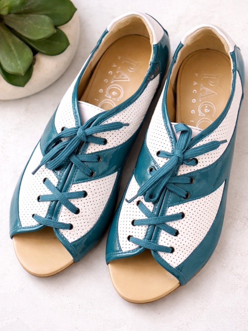 Paco Gil Spain Leather Peep Toe Oxford Flats Teal White Size 8